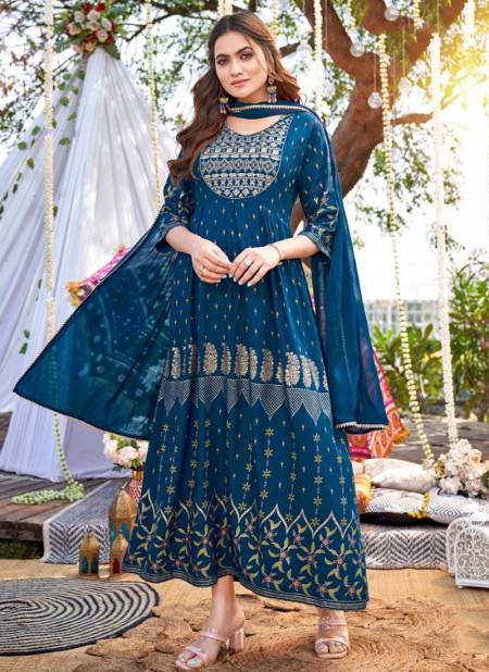 Blue Colour Dastoor Wanna New Latest Designer Festive Wear Rayon Gown With Dupatta Collection 1002